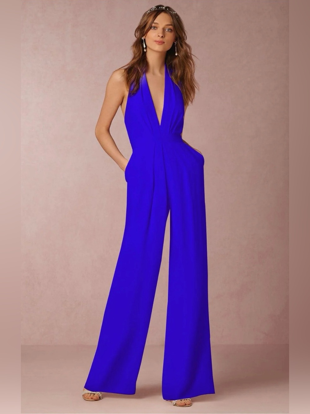 Lulu's Cobalt Blue Halter Wide-Leg Jumpsuit